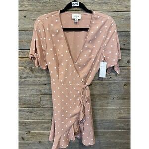 Aura Wrap Dress Women's Size Small Pink POLKA DOT‎ Tie Waist Short Tie Sleeve